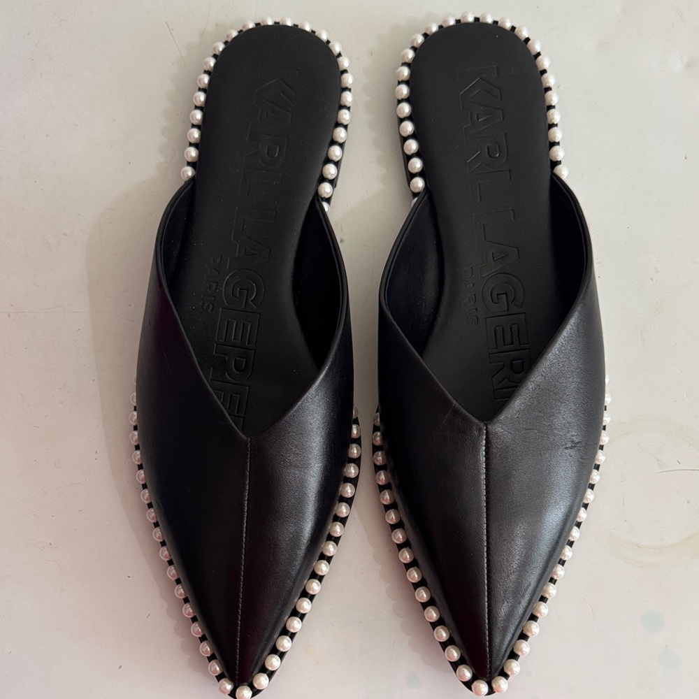 Karl Lagerfeld Black Mules with Pearl Accents